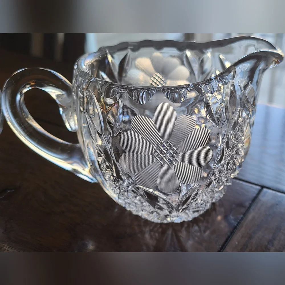 American Brilliant  cut glass sawtooth etched flower creamer & sugar bowl